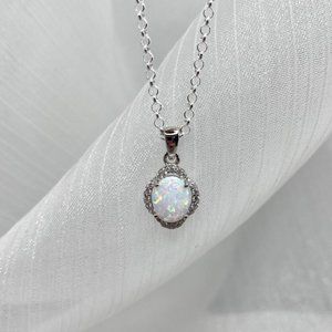 Opal Charm Necklace Sterling Silver White Lab Opal Necklace Lab Opal With CZ
